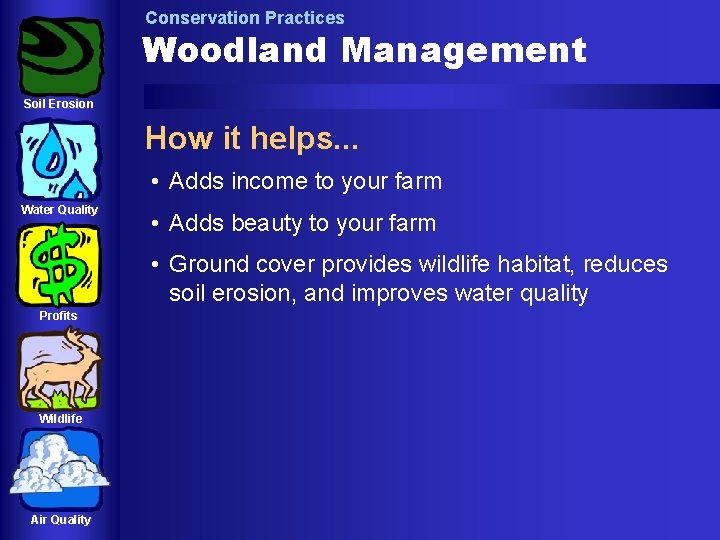 Conservation Practices Woodland Management Soil Erosion How it helps. . . • Adds income