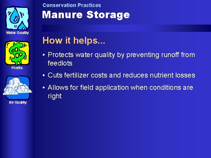 Conservation Practices Manure Storage Water Quality How it helps. . . Profits • Protects