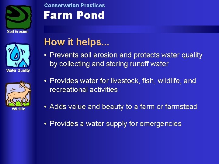 Conservation Practices Farm Pond Soil Erosion How it helps. . . • Prevents soil