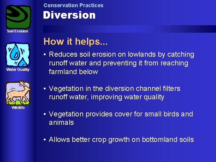 Conservation Practices Diversion Soil Erosion How it helps. . . Water Quality • Reduces