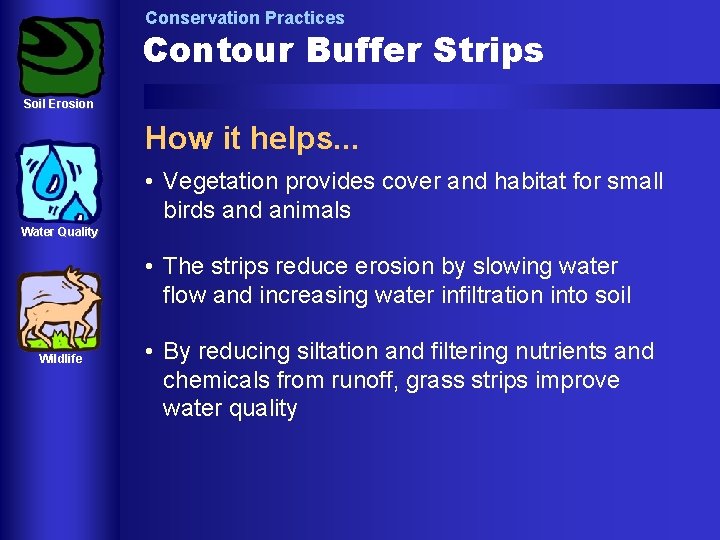 Conservation Practices Contour Buffer Strips Soil Erosion How it helps. . . • Vegetation