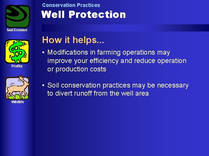 Conservation Practices Well Protection Soil Erosion How it helps. . . Profits • Modifications
