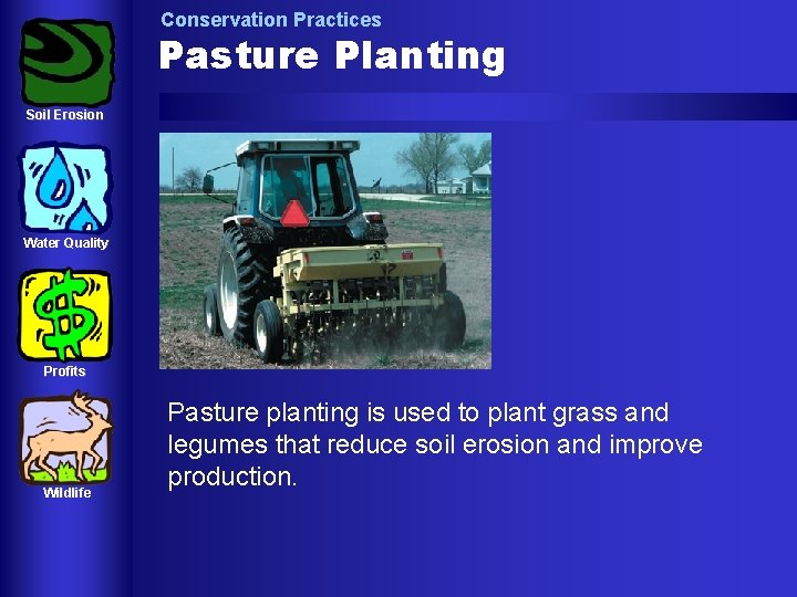 Conservation Practices Pasture Planting Soil Erosion Water Quality Profits Wildlife Pasture planting is used