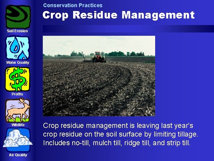 Conservation Practices Crop Residue Management Soil Erosion Water Quality Profits Wildlife Air Quality Crop