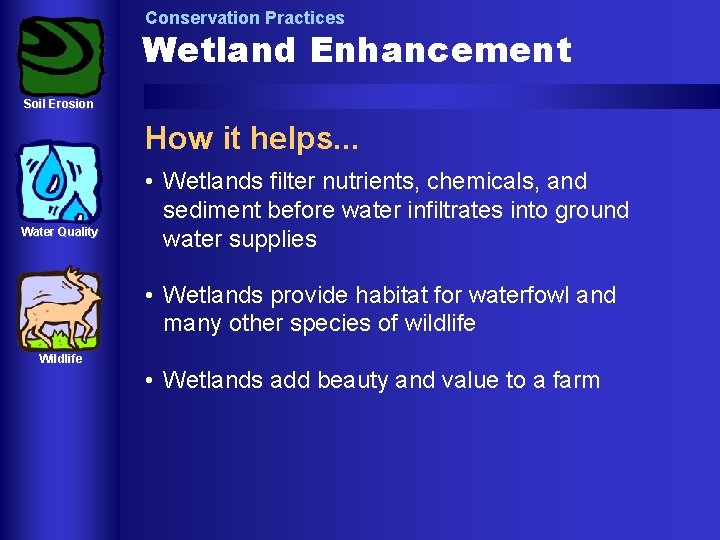 Conservation Practices Wetland Enhancement Soil Erosion How it helps. . . Water Quality •
