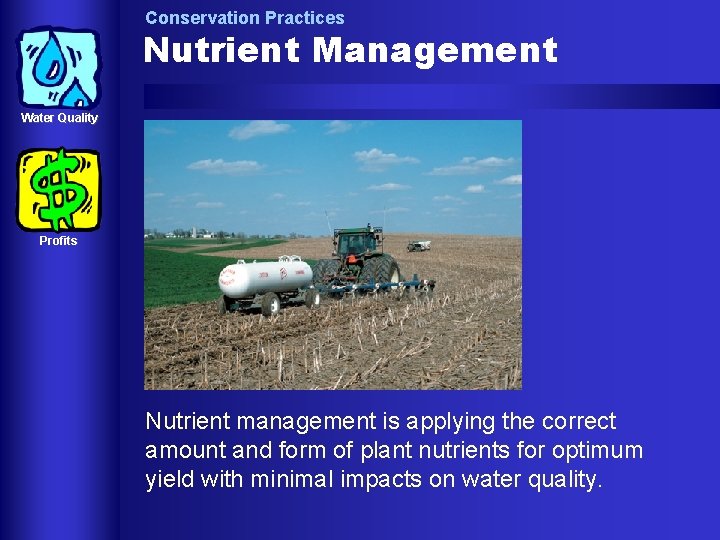 Conservation Practices Nutrient Management Water Quality Profits Nutrient management is applying the correct amount