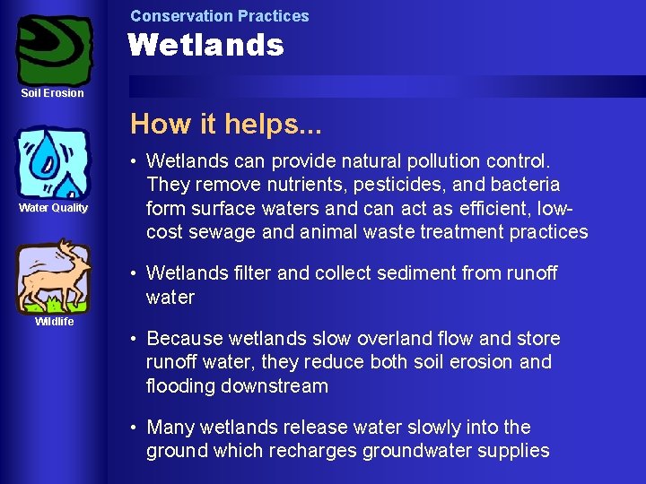 Conservation Practices Wetlands Soil Erosion How it helps. . . Water Quality • Wetlands