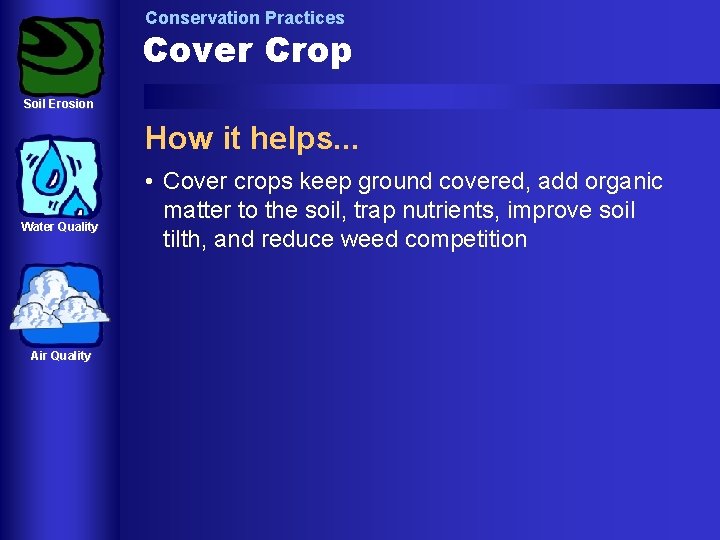 Conservation Practices Cover Crop Soil Erosion How it helps. . . Water Quality Air