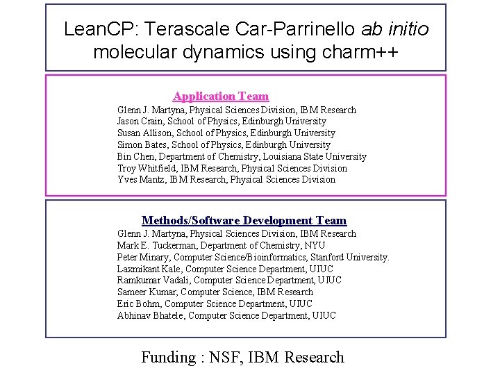 Lean. CP: Terascale Car-Parrinello ab initio molecular dynamics using charm++ Application Team Glenn J.