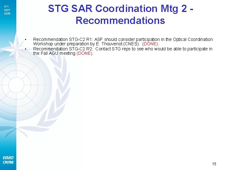 STG SAR Coordination Mtg 2 - Recommendations IPY 2007 2008 • • Recommendation STG-C