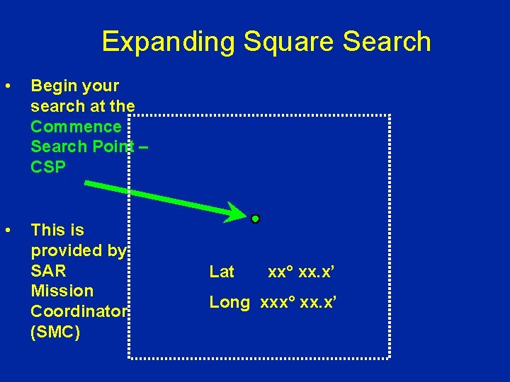 Expanding Square Search • Begin your search at the Commence Search Point – CSP