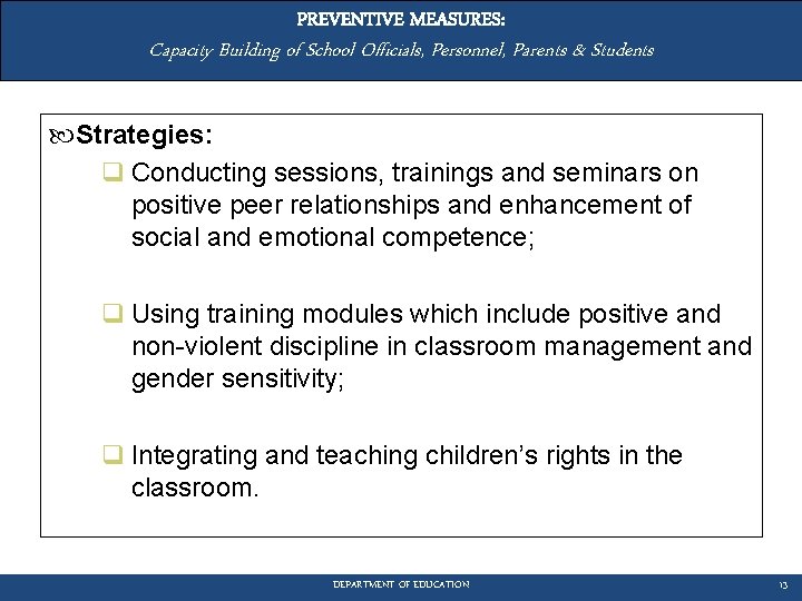 PREVENTIVE MEASURES: Capacity Building of School Officials, Personnel, Parents & Students Strategies: q Conducting