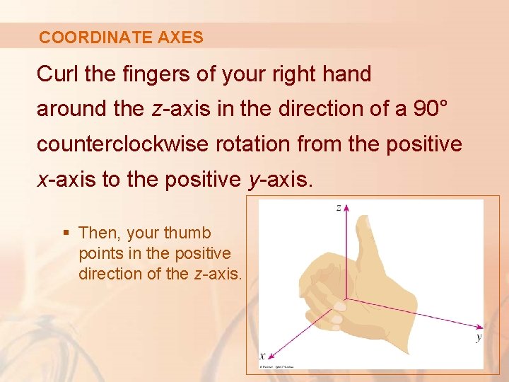 COORDINATE AXES Curl the fingers of your right hand around the z-axis in the