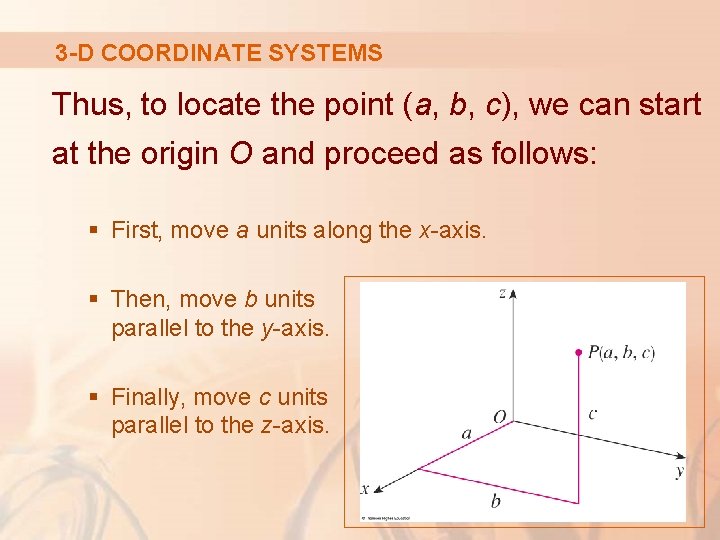 3 -D COORDINATE SYSTEMS Thus, to locate the point (a, b, c), we can