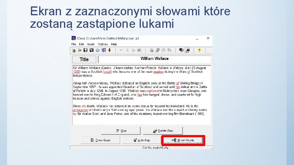 Ekran z zaznaczonymi słowami które zostaną zastąpione lukami 