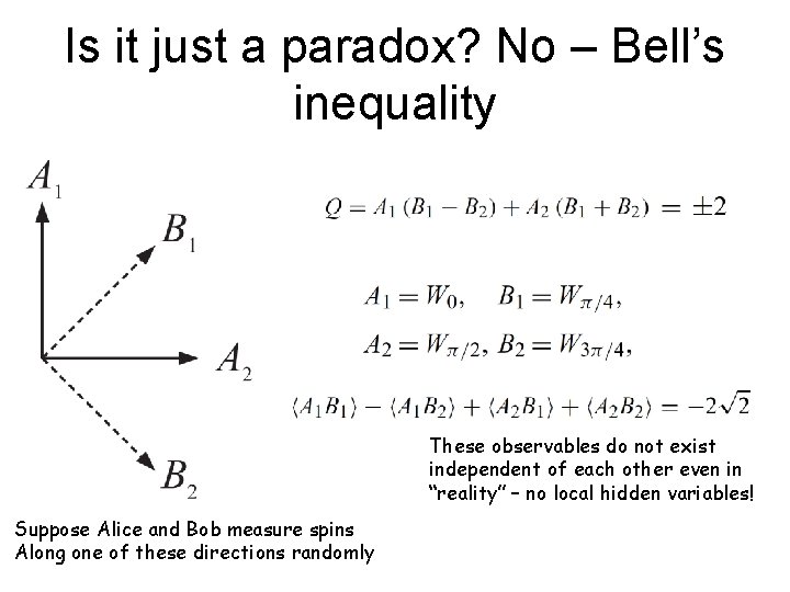 Is it just a paradox? No – Bell’s inequality These observables do not exist