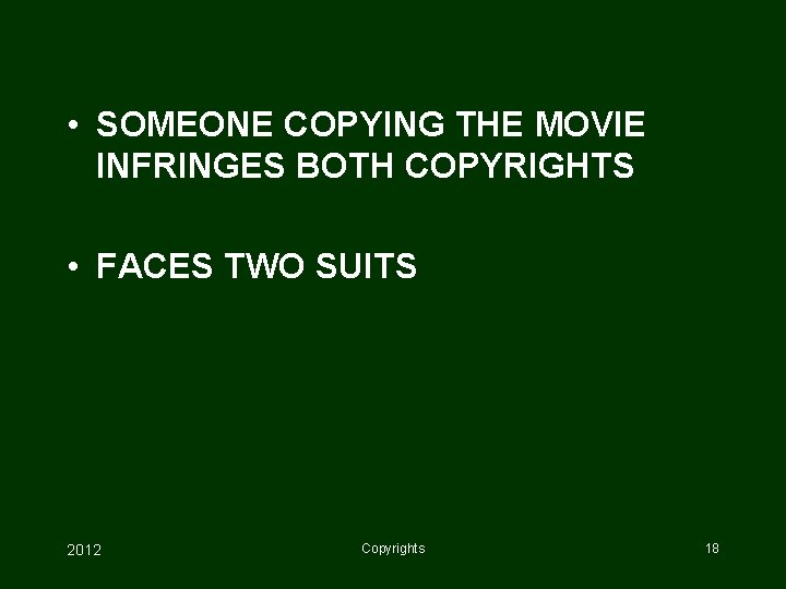  • SOMEONE COPYING THE MOVIE INFRINGES BOTH COPYRIGHTS • FACES TWO SUITS 2012