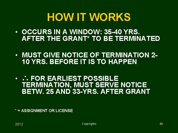 HOW IT WORKS • OCCURS IN A WINDOW: 35 -40 YRS. AFTER THE GRANT*