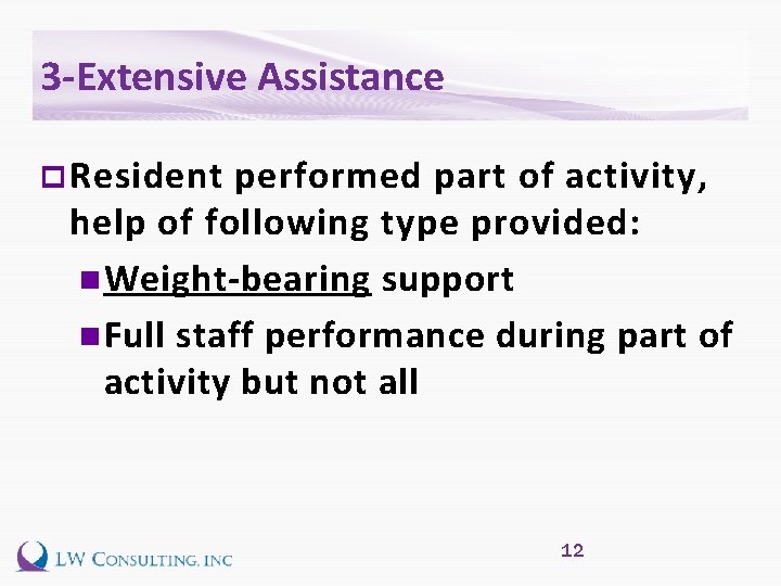 3 -Extensive Assistance p Resident performed part of activity, help of following type provided: