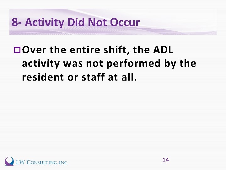 8 - Activity Did Not Occur p Over the entire shift, the ADL activity