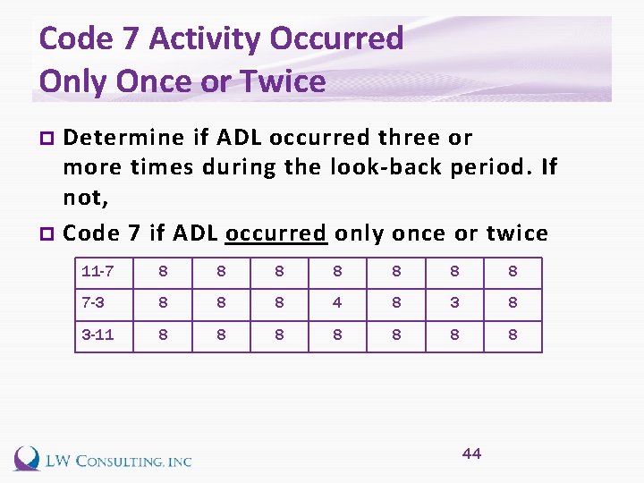 Code 7 Activity Occurred Only Once or Twice Determine if ADL occurred three or