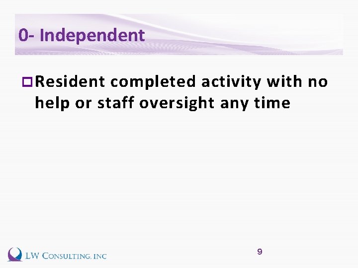 0 - Independent p Resident completed activity with no help or staff oversight any
