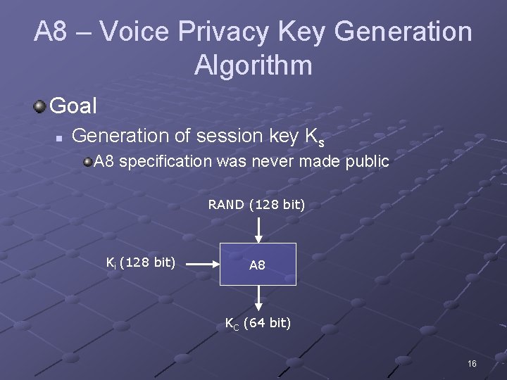 A 8 – Voice Privacy Key Generation Algorithm Goal n Generation of session key