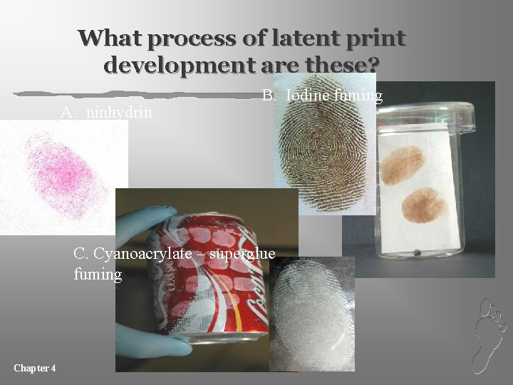 What process of latent print development are these? A. ninhydrin B. Iodine fuming C.