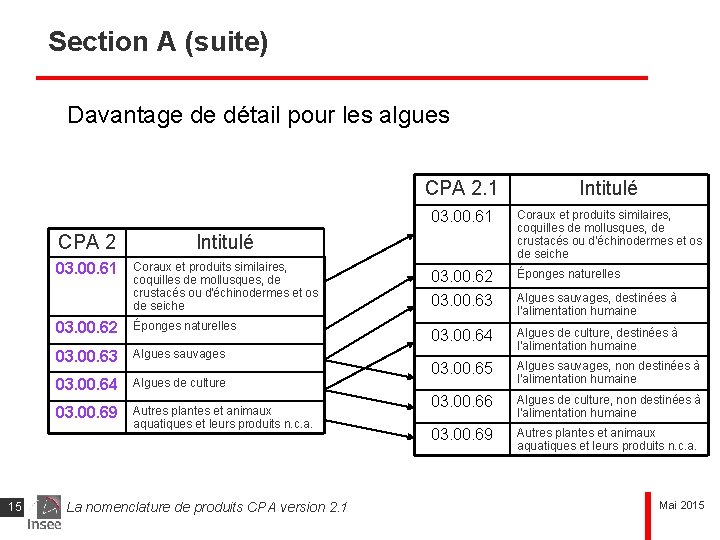 Section A (suite) Davantage de détail pour les algues 15 CPA 2 Intitulé 03.