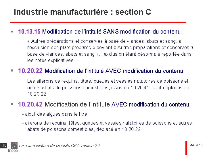 Industrie manufacturière : section C § 10. 13. 15 Modification de l’intitulé SANS modification