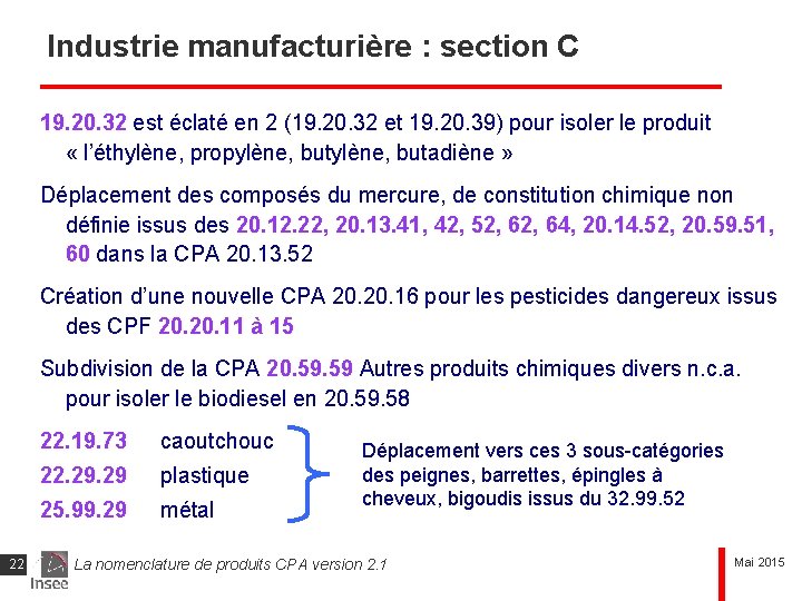 Industrie manufacturière : section C 19. 20. 32 est éclaté en 2 (19. 20.