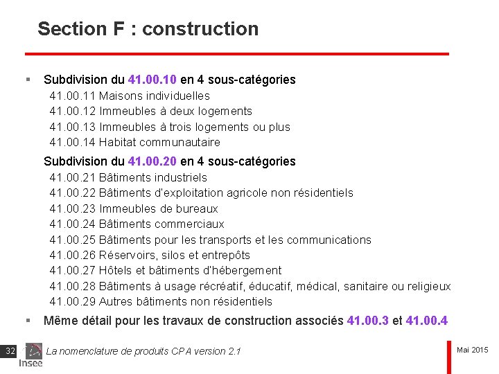 Section F : construction § Subdivision du 41. 00. 10 en 4 sous-catégories 41.