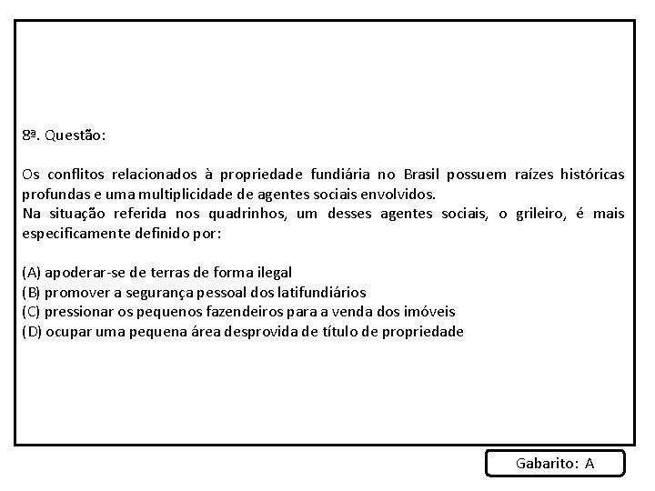 8ª. Questão: Os conflitos relacionados à propriedade fundiária no Brasil possuem raízes históricas profundas