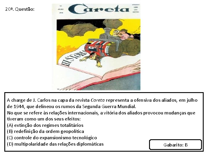 20ª. Questão: A charge de J. Carlos na capa da revista Careta representa a
