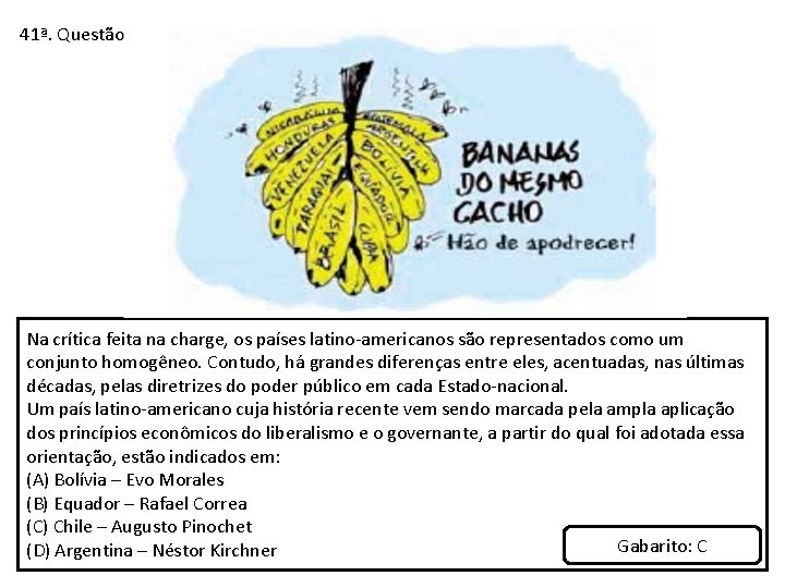 41ª. Questão: Na crítica feita na charge, os países latino-americanos são representados como um