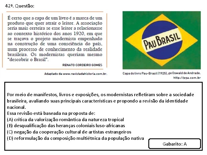 42ª. Questão: Por meio de manifestos, livros e exposições, os modernistas refletiram sobre a