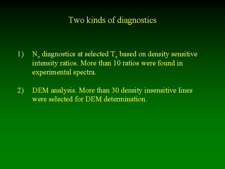 Two kinds of diagnostics 1) Ne diagnostics at selected Te based on density sensitive