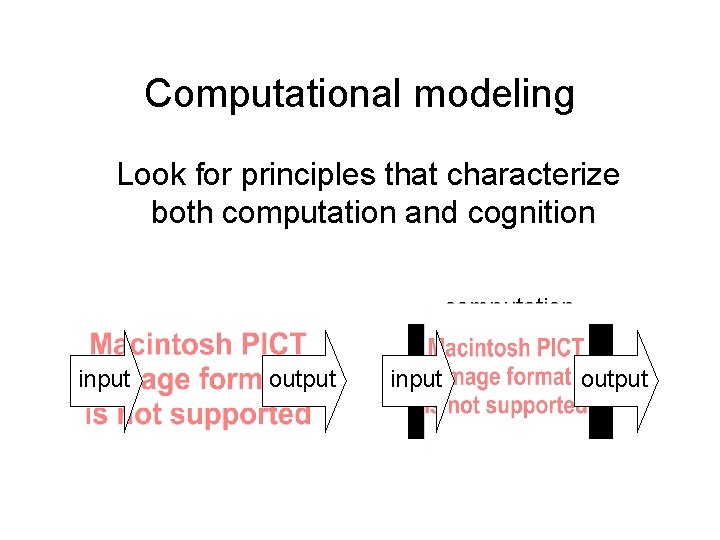 Computational modeling Look for principles that characterize both computation and cognition computation input computation