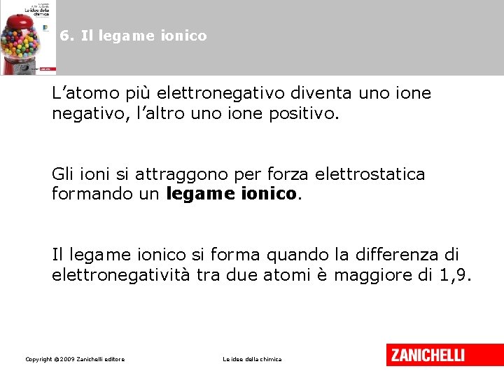 6. Il legame ionico L’atomo più elettronegativo diventa uno ione negativo, l’altro uno ione