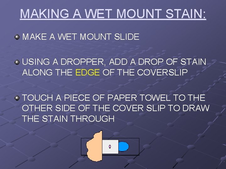 MAKING A WET MOUNT STAIN: MAKE A WET MOUNT SLIDE USING A DROPPER, ADD