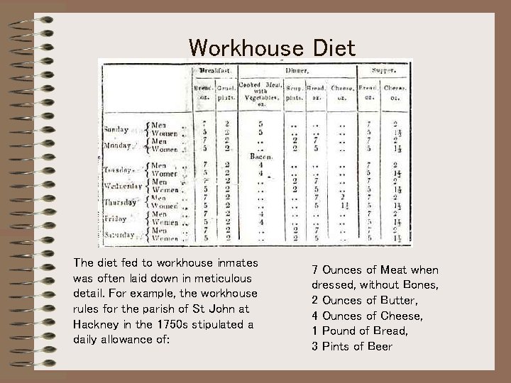 Workhouse Diet The diet fed to workhouse inmates was often laid down in meticulous