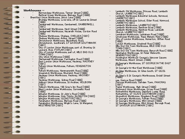 Workhouses ~ • Bermondsey Workhouse, Tanner Street [1888] • Bethnal Green Workhouse, Bishops Road