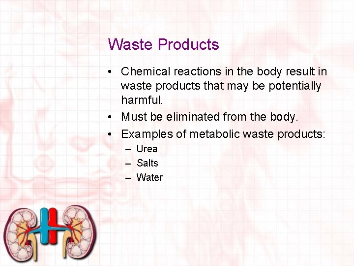 Waste Products • Chemical reactions in the body result in waste products that may