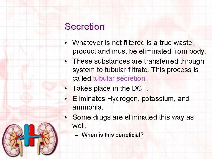 Secretion • Whatever is not filtered is a true waste. product and must be