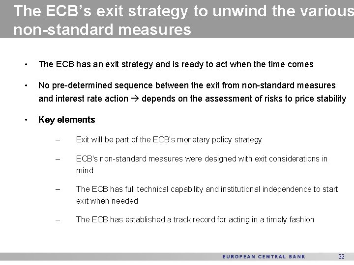 The ECB’s exit strategy to unwind the various non-standard measures • The ECB has