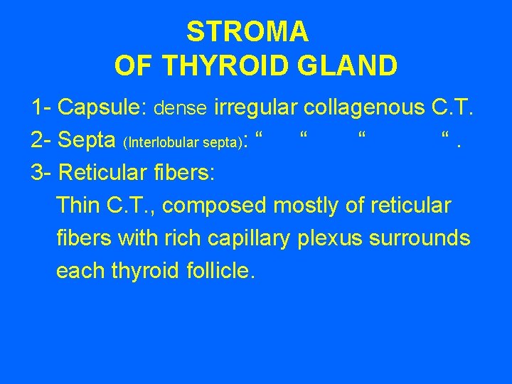 STROMA OF THYROID GLAND 1 - Capsule: dense irregular collagenous C. T. 2 -