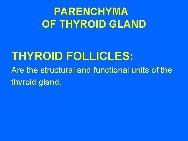 PARENCHYMA OF THYROID GLAND THYROID FOLLICLES: Are the structural and functional units of the