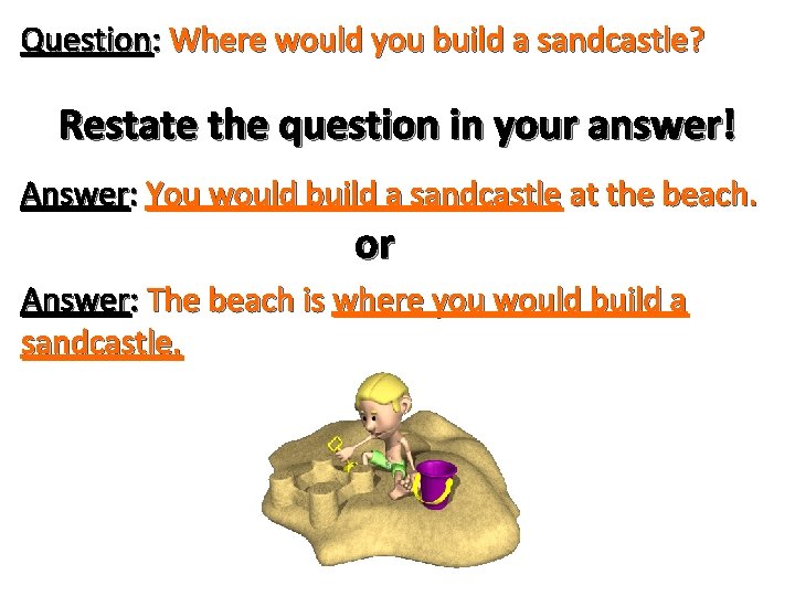 Question: Where would you build a sandcastle? Restate the question in your answer! Answer: Question: Where would you build a sandcastle? Restate the question in your answer! Answer: