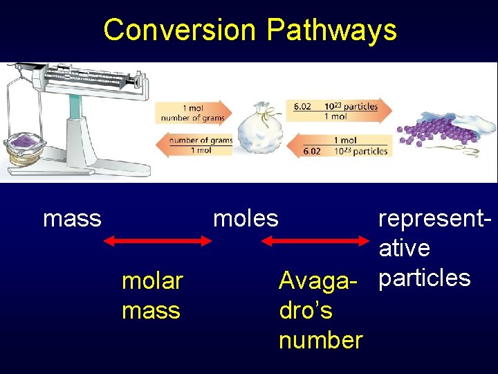 Conversion Pathways mass moles molar mass representative Avaga- particles dro’s number 