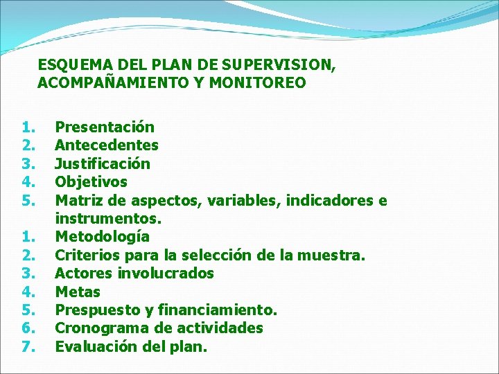 ESQUEMA DEL PLAN DE SUPERVISION, ACOMPAÑAMIENTO Y MONITOREO 1. 2. 3. 4. 5. 6.